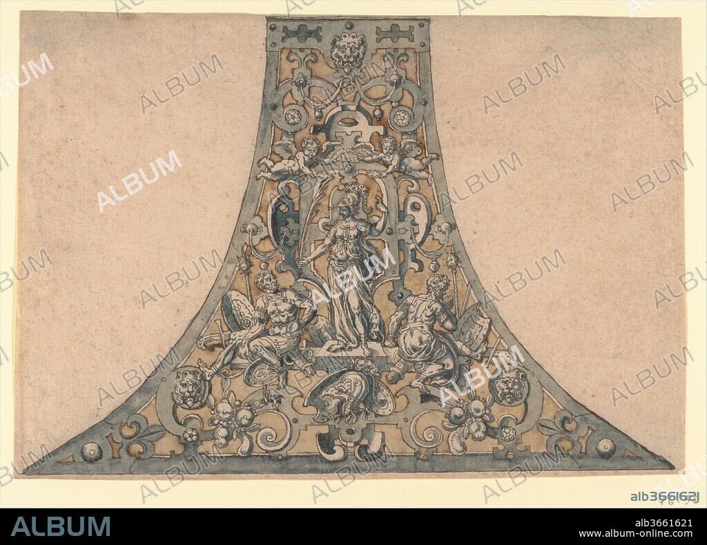 Design for a Powder Flask. Artist: Anonymous, German, 16th century ?. Dimensions: 7 5/16 x 10 9/16 in.  (18.6 x 26.8 cm). Former Attribution: Formerly attributed to Wendel Dietterlin, the Elder (German, Pfullendorf 1550/51-ca. 1599 Strasbourg). Date: ca. 1540-90.
Powder flask decorated with an all over pattern of strapwork. In the middle of the design Athena is shown as a victory goddess holding a palm branch. Two angels hold up a laurel wreath above her head. She is flanked on both sides by a seated (conquered) soldier who is part of a weapon trophy.