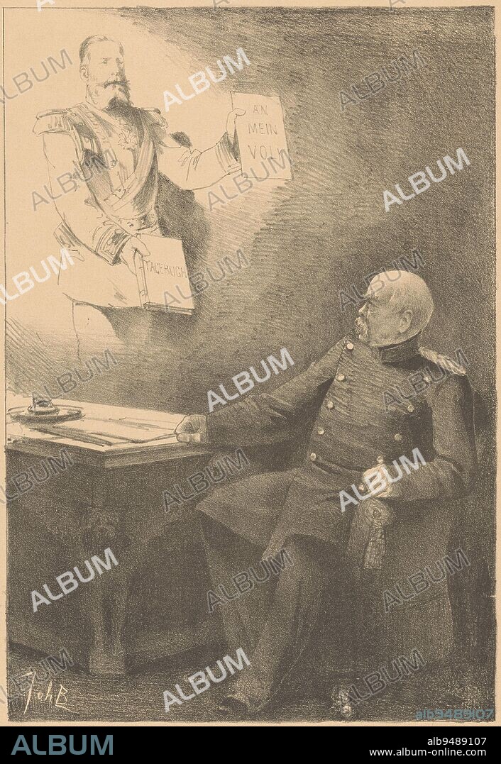 Otto von Bismarck has a vision of Frederick III of Prussia. Frederick III holds his journal in his right hand. With his left hand he holds up the proclamation 'An mein Volk,' written by his grandfather Frederick William III of Prussia., The Vision of the Reich Chancellor (original title on object), print maker: Johan Braakensiek, (mentioned on object), printer: Harms & Co. Ellerman, (mentioned on object), Amsterdam, 7-Oct-1888, paper, h 439 mm × w 294 mm.