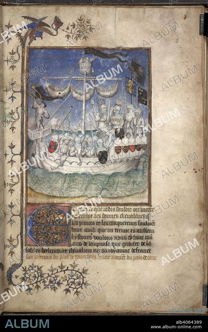 FR. PIERRE BOUTIER and JEHAN LE VERRIER. [Whole folio] An army on board a ship. The flags at the masthead and at the prow and stern, as well as on the two shields, bear the arms of La Salle [al. Sale]. An account of the conquest of the Canary Islands by Gadifer de la Salle and Jehan de Bethencourt, beginning with decorated initial 'E'. Border with foliate decoration. Le Canarien; a History of the Conquest of the Canary Islands. France; circa 1420-1430. Source: Egerton 2709, f.2. Language: French.