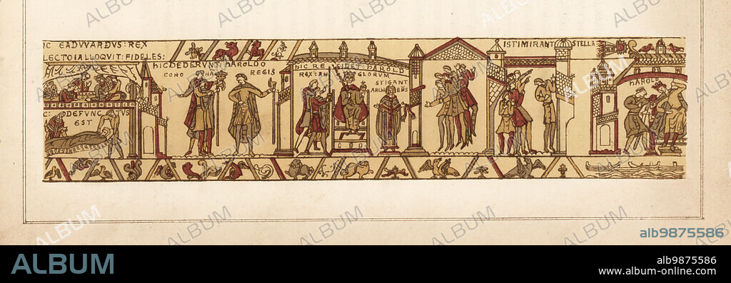 The deathbed of King Edward the Confessor, and passing of the crown to Harold Godwinson, and his coronation on a throne with Archbishop Stigand. At right, the comet of Easter 1066 surprises and shocks a crowd. Chromolithograph by William Mossman after an illustration by Charles Stothard made for the Society of Antiquaries in Rev. John Collingwood Bruces The Bayeux Tapestry Elucidated, John Russell Smith, London, 1856.