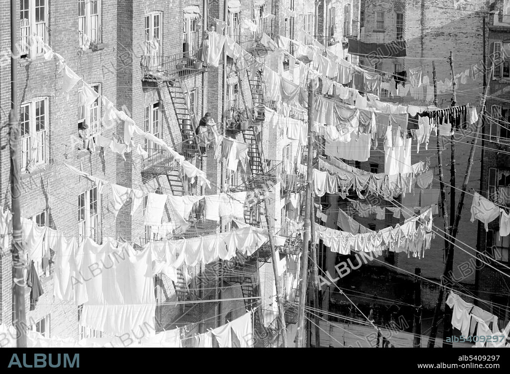 Yard of tenement NYC. A clothes line or washing line is any type