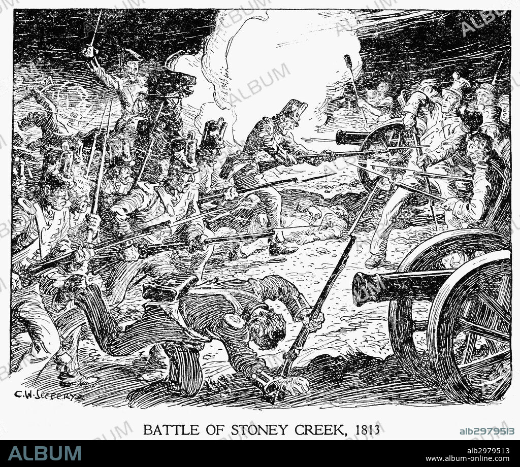 BATTLE OF STONEY CREEK.The Battle of Stoney Creek, 1813, during the War of 1812. Drawing by C.W. Jefferys.