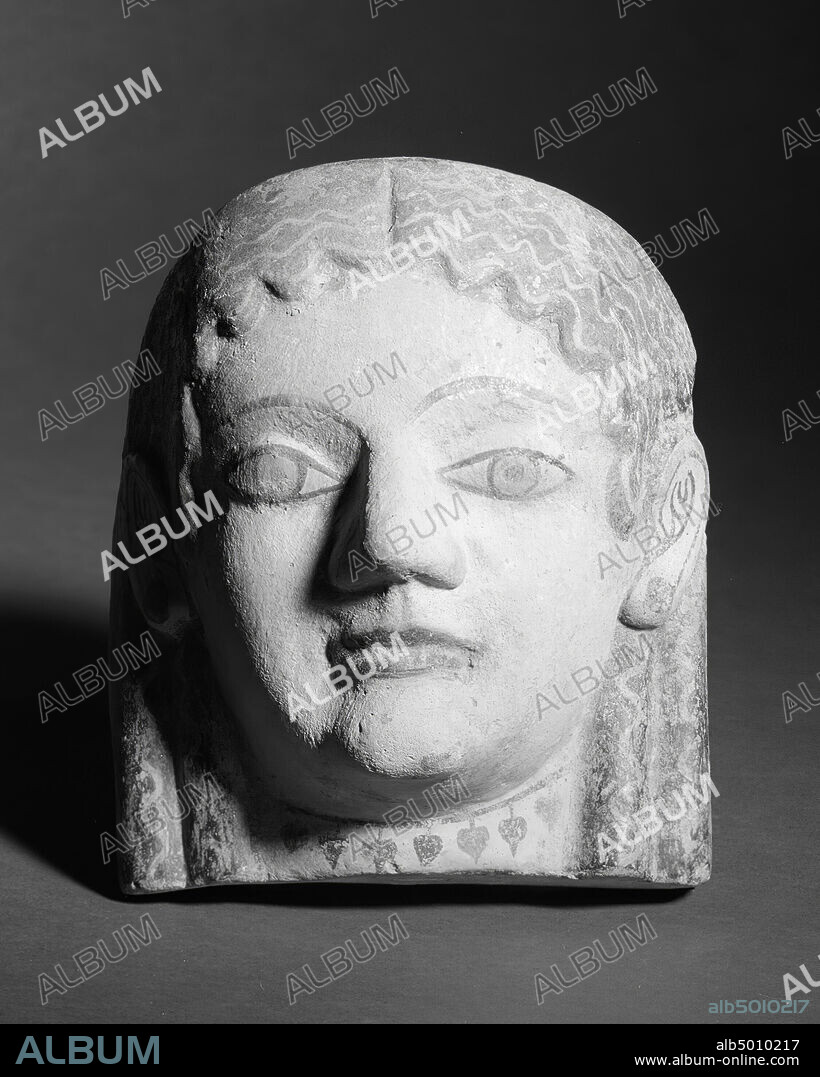 Archaic Etruscan antefix in the form of a woman's head (maenade)....., antefix, earthenware, terracotta, 15,5 x 13,5 x 16,5 cm, archaic, etrusco-archaic 520-500 BC, Italy, Italy.