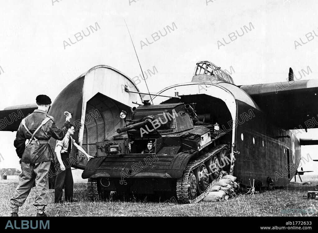 Transportation of British armoured vehicles. A 'Tetrach' (light tank of the British Army) coming out of a 'Hamilcar' cargo plane. Great Britain, October 1944.