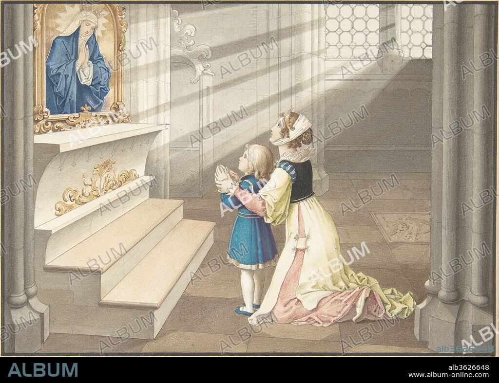 Mother and Daughter in Prayer. Artist: Julius Schnorr von Carolsfeld (German, Leipzig 1794-1872 Dresden); Ludwig Ferdinand Schnorr von Carolsfeld (German, Königsberg, Prussia 1788-1853 Vienna). Dimensions: sheet: 5 5/8 x 7 13/16 in. (14.3 x 19.8 cm). Date: ca. 1811-17.