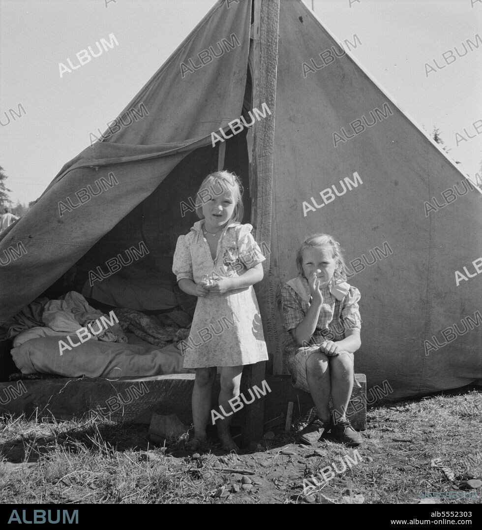 DOROTHEA LANGE. [Untitled, possibly related to: Bean pickers' camp in grower's yard. No running water. Marion County, near West Stayton, Oregon.