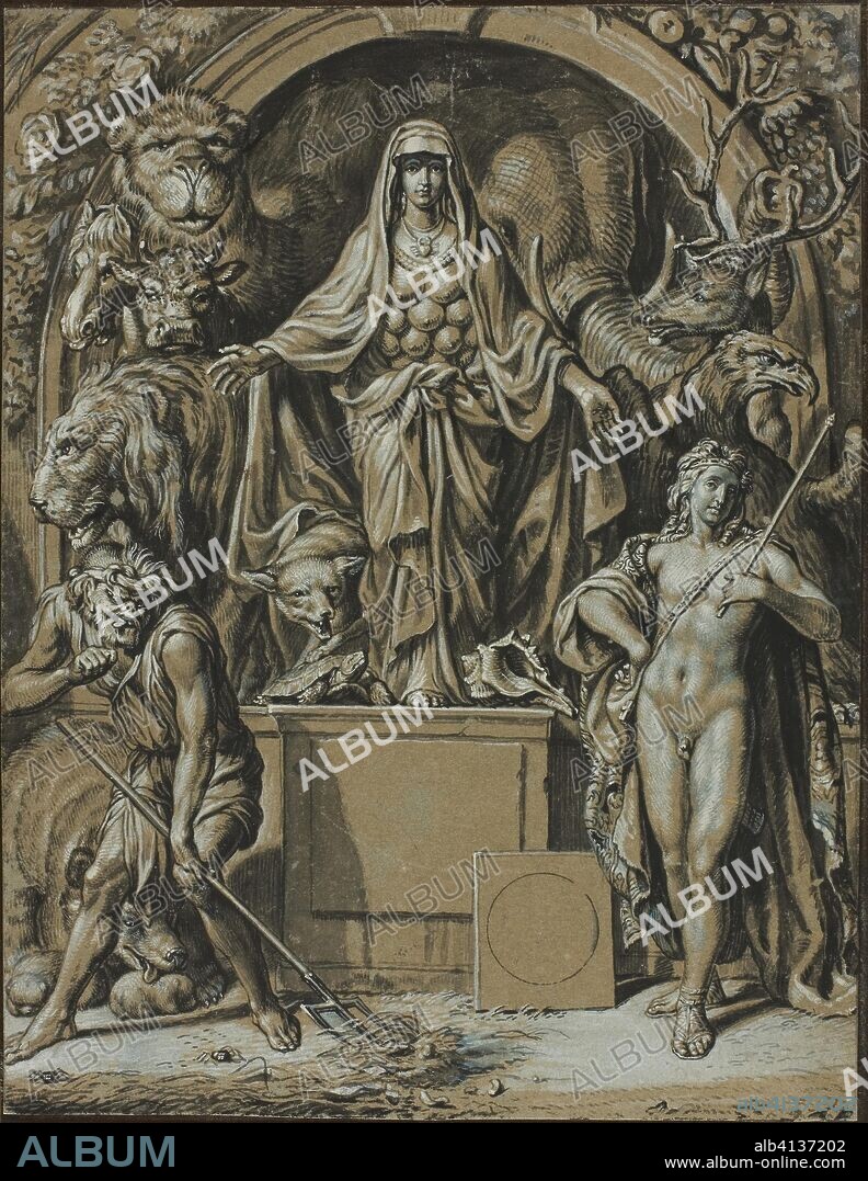 Diana of Ephesus as Allegory of Nature. Joseph Werner; Swiss, 1637-1710. Date: 1674-1685. Dimensions: 250 x 193 mm. Pen and black ink and brush and gray wash, white and blue gouache, on blue laid paper (discolored to light brown), mounted to laid card. Origin: Switzerland.