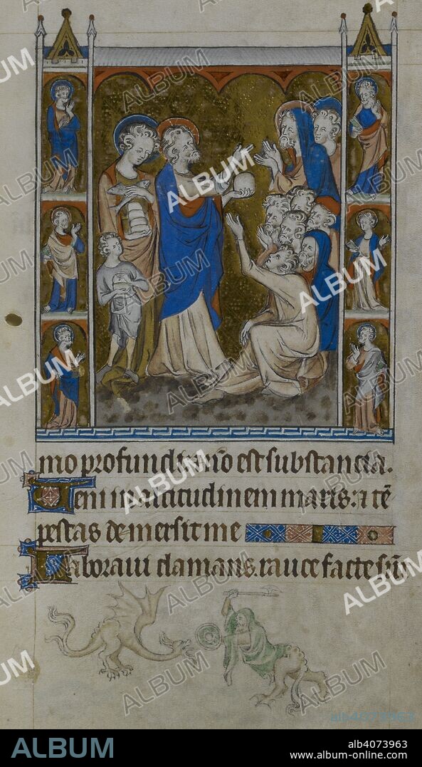 Christ with loaf in his hand standing before two disciples and a group of seated figures. A disciple and a small boy approach Christ from behind carrying the loaves and fishes, with six nimbed figures, possibly apostles, standing in niches that frame the image to left and right. A bas-de-page scene of a dragon and a grotesque with a small shield and axe fighting . Queen Mary Psalter. England (London?); circa 1310-1320. Source: Royal 2 B. VII, f.169. Language: Latin.