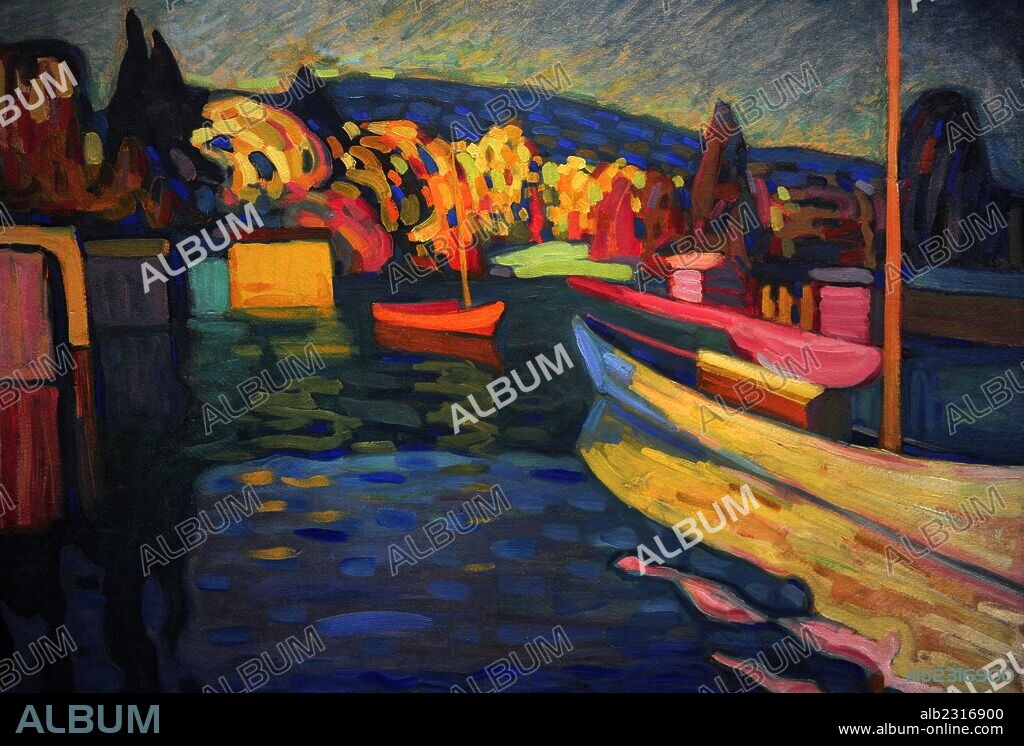 Wassily Kandinsky (1866-1944). Russian painter. Active in Russia, Germany and France. Autum Landscapte with Boats, 1908. Oil on board. Israel Museum. Jerusalem.