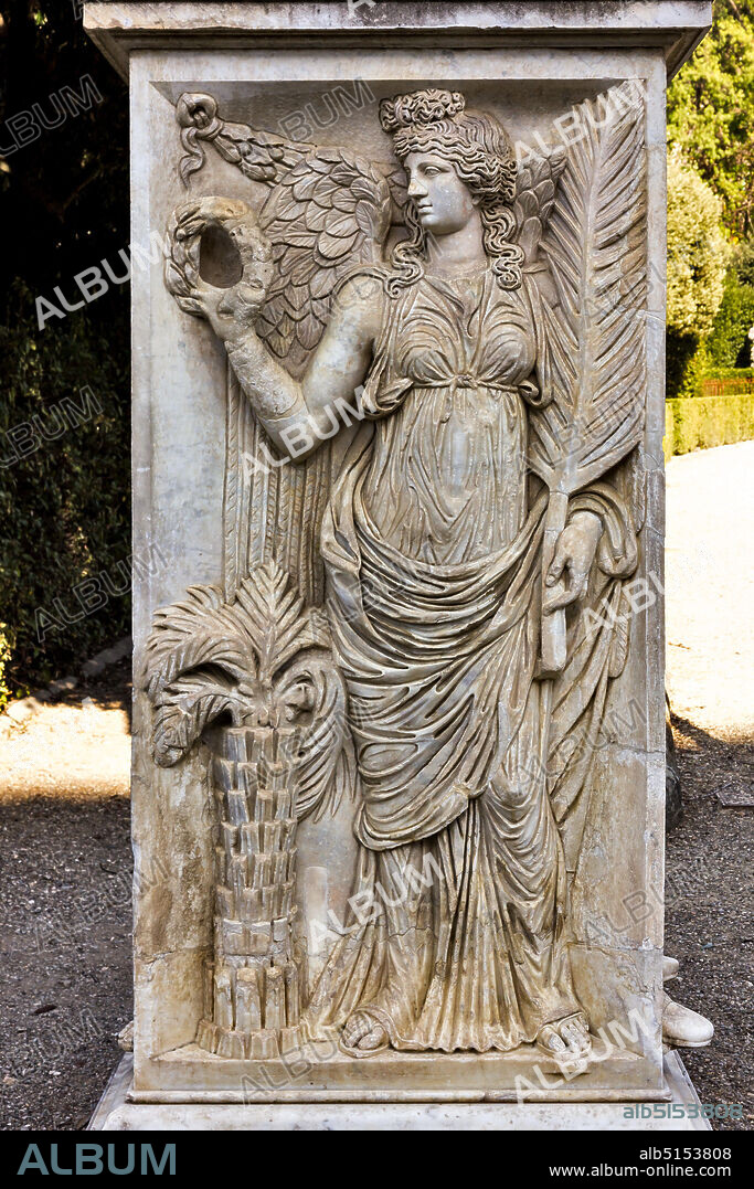 Florence, Boboli Gardens: base of one of the two statues representing Dacian Prisoners (II century). The two bases, characterised by Victories, Dioscures and defeated Barbarians, come from the Sun Temple on the Via Lata, which was builtt under the emperor Aurelian.