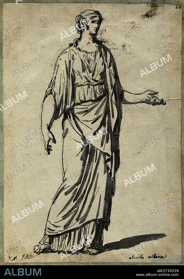 JACQUES LOUIS DAVID. Classical Sculpture of a Woman with an Outstretched Arm. Dated: 1775/80. Dimensions: overall: 21.2 x 14.8 cm (8 3/8 x 5 13/16 in.). Medium: black ink with gray wash over traces of graphite on laid paper.