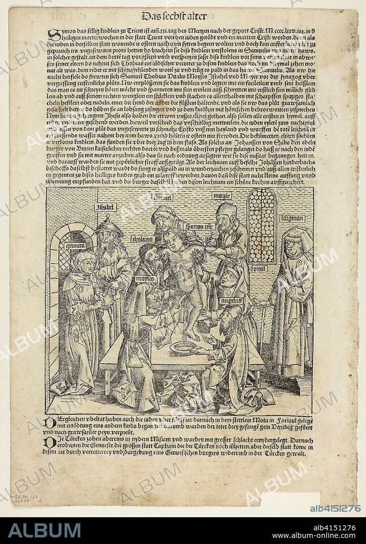 The Martyrdom of Saint Simon of Trent from Schedel Weltchronik (Schedel's World History), Plate 23 from Woodcuts from Books of the 15th Century. Michel Wolgemut (German, 1434/37-1519) and Wilhelm Pleydenwurff (German, c. 1460-1494); printed and published by Anton Koberger (German, c. 1440/45-1513); original text by Hartmann Schedel (German, 1440-1514); portfolio text by Wilhelm Ludwig Schreiber (German, 1855-1932). Date: 1493. Dimensions: 194 x 226 mm (image); 424 x 295 mm (sheet). Woodcut and letterpress in black (recto and verso) on buff laid paper, tipped onto cream wove paper mat. Origin: Germany.