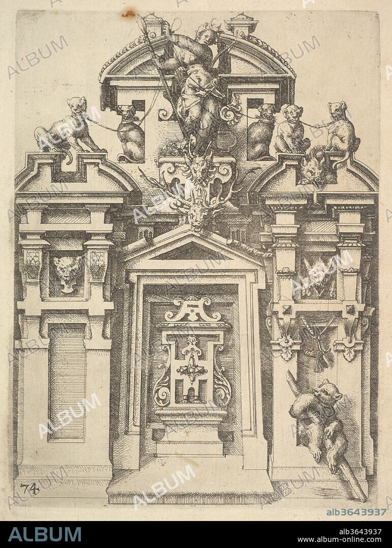 THE ELDER WENDEL DIETTERLIN. Design for an Architectural Structure with a Hunting Theme , Plate 74 from Dietterlin's Architettura. Artist: Wendel Dietterlin, the Elder (German, Pfullendorf 1550/51-ca. 1599 Strasbourg). Dimensions: sheet: 13 1/2 x 9 3/16 in. (34.3 x 23.3 cm)
plate: 5 7/8 x 7 3/16 in. (15 x 18.3 cm). Date: 1598.