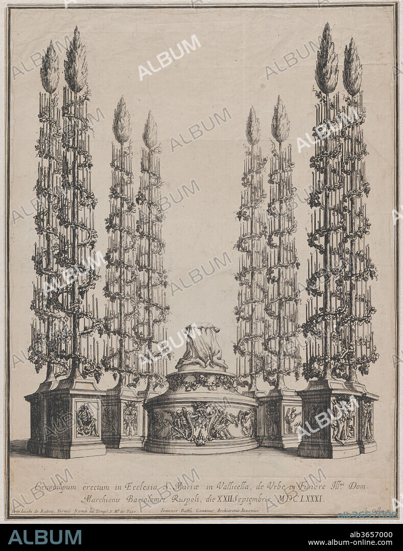 Catafalque for Marchese Bartolomeo Ruspoli, S. Maria in Vallicella, Rome, September 21, 1681. Artist: Johannes Collin (Flemish, Antwerp, 17th century). Artist and architect: After Giovanni Battista Contini (Italian, Rome 1642-1723 Rome). Dimensions: Sheet (Trimmed): 16 3/4 × 12 13/16 in. (42.5 × 32.6 cm). Publisher: Giovanni Giacomo De Rossi (Italian, Rome 1627-1691 Rome). Date: 1681.