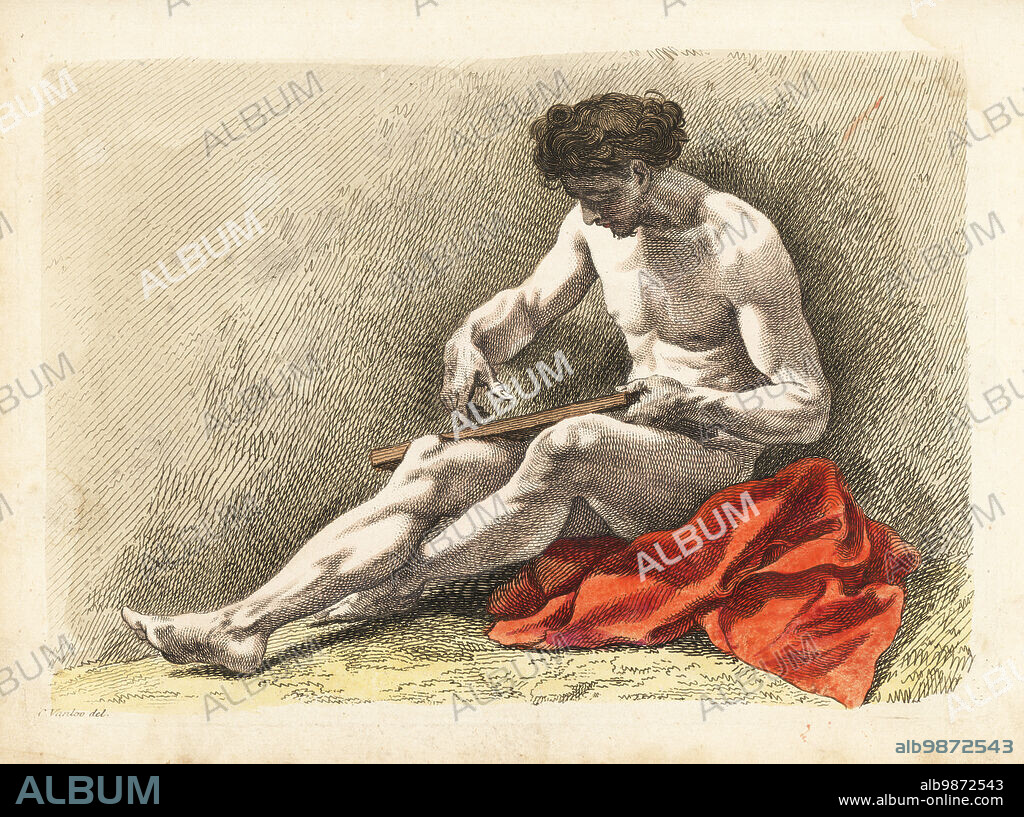 Sketch of a naked male figure with a wooden board and crimson sheet.  Handcoloured copperplate engraving after a male academy nude by  Charles-Andre van Loo from Robert Saye - Album alb9872543