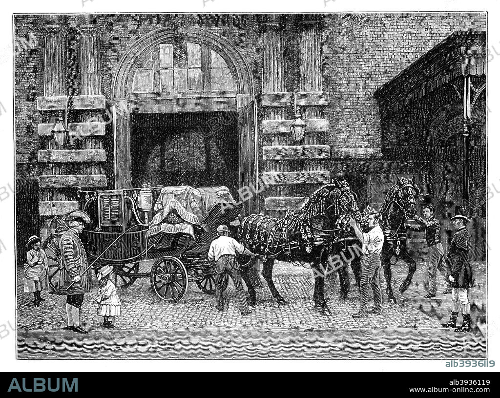 Harnessing the black horses at the Royal Mews, Buckingham Palace, London, c1888. Illustration from The Life & Times of Queen Victoria, Vol II, by Robert Wilson, (c1888).