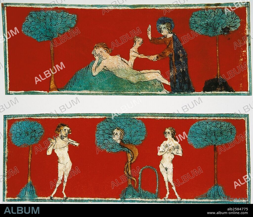 The Creation of Eve and the Original Sin. Adam and Eve tempted by the  serpent from the tree of the Paradise. Miniature, 14th century. Castle of  Chantilly. France. - Album alb2584775