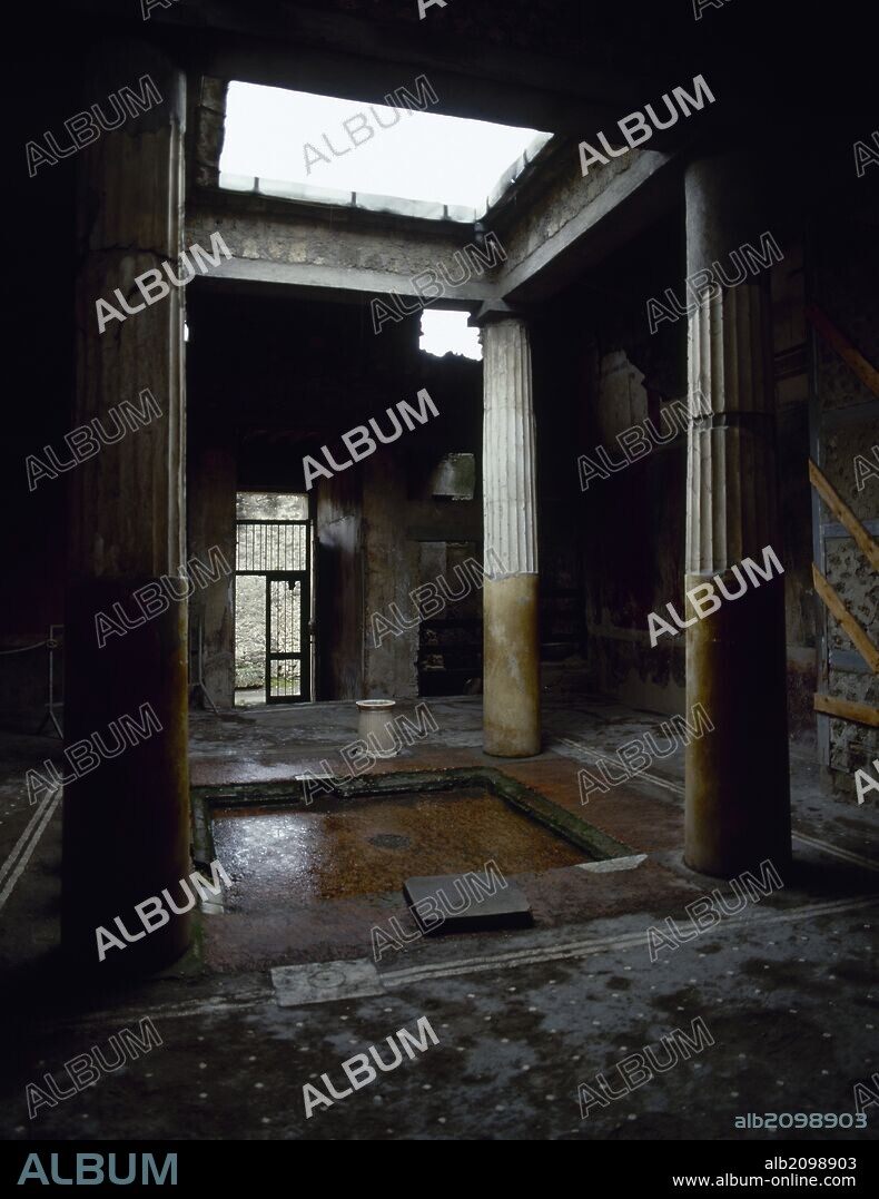 Italy. Pompeii. House of Lucius Ceius Secondus or House of the Ceii. 2nd century BC. Tetrastyle atrium and impluvium, designed to collect the rainwater coming from the compluvium in the roof. Way of Abundance.