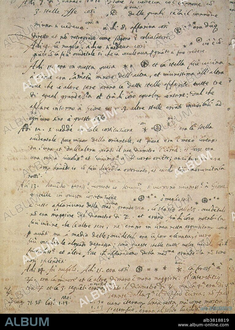 Galileo's notes on Jupiter and four of its largest satellites.