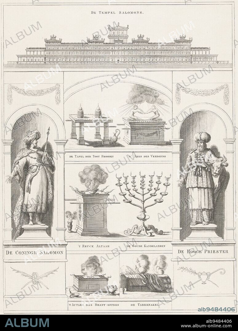 The Temple of Solomon, King Solomon, the High Priest and six objects from the temple, Petrus Johannes Arendzen, 1864, The Temple of Solomon, below the building two statues of King Solomon and the High Priest with an ox. In the center six objects from the temple: the table of showbread, the Ark of the Covenant, the altar of incense, the golden candlestick, the altar of burnt offering and the tabernacle., print maker: Petrus Johannes Arendzen, (mentioned on object), publisher: S. van Velzen jr., (mentioned on object), print maker: Netherlands, publisher: Kampen, 1864, paper, etching, engraving, h 398 mm × w 255 mm.