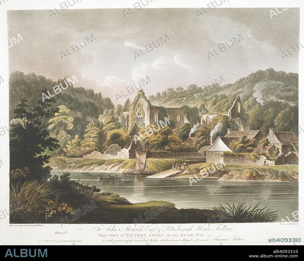 F JUKES und E DAYES. View of Tintern Abbey on the River Wye. A ruined abbey by a river; figures, horses and a boat by the shore; a house on the right-hand side; foliage and trees throughout the scene; mountains in the distance. Bears etched inscription 'Plate 8th' in the lower left-hand corner.  . Four Views of Tintern Abbey, by Calbert, 1815. Published as the Act Directs April 15th 1815 by Burkitt & Hudson, 85 Cheapside, London. 1 print : aquatint and etching with hand-colouring ; plate 21.4 x 46 cm, on sheet 42 x 56 cm. Source: Maps.K.Top.31.16.g.2.