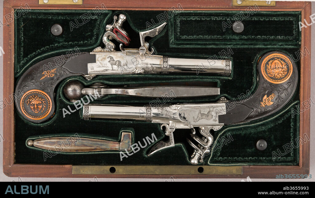 Cased Pair of Double-Barreled Turn-Off Flintlock Pistols. Culture: French, Paris. Dimensions: L. of each pistol 8 in. (20.3 cm); L. of each barrel 3 7/8 in. (9.8 cm); Cal. of each .46 in. (11.7 mm); Wt. of each pistol 1 lb. 5 oz. (600 g); bullet mould (28.196.6a); L. 5 3/4 in. (14.6 cm); Wt. 4.3 oz. (121.9 g); wrench (28.196.6b); L. 3 7/8 in. (9.8 cm); Wt. 2.6 oz. (73.7 g); case (28.196.6c); H. 3 7/16 in. (8.7 cm); W. 11 1/2 in. (29.2 cm); D. 6 7/8 in. (17.5 cm); Wt. 2 lb. 15 oz. (1332.4 g). Engraver: Possibly Fleury Montagny (French, born St. Étienne, February 4, 1760-died 1836, Marseilles). Gunsmith: Jean Lepage (French, Paris, 1746-1834). Date: ca. 1800.
One pistol is inscribed "Gravé par Montangy" (engraved by Montagny). It is very rare for engraving on firearms to be signed by the artist. A family of engravers named Montagny worked in Saint-Étienne, a city famous for firearms production. Fleury Montagny, perhaps the author of the exceptionally fine engraving on these pistols, is also recorded as working in the Boutet workshop in Versailles. The delicately carved grips appear to be made of ebony with inset boxwood plaques. The plaques feature heads of Medusa and Bacchus.