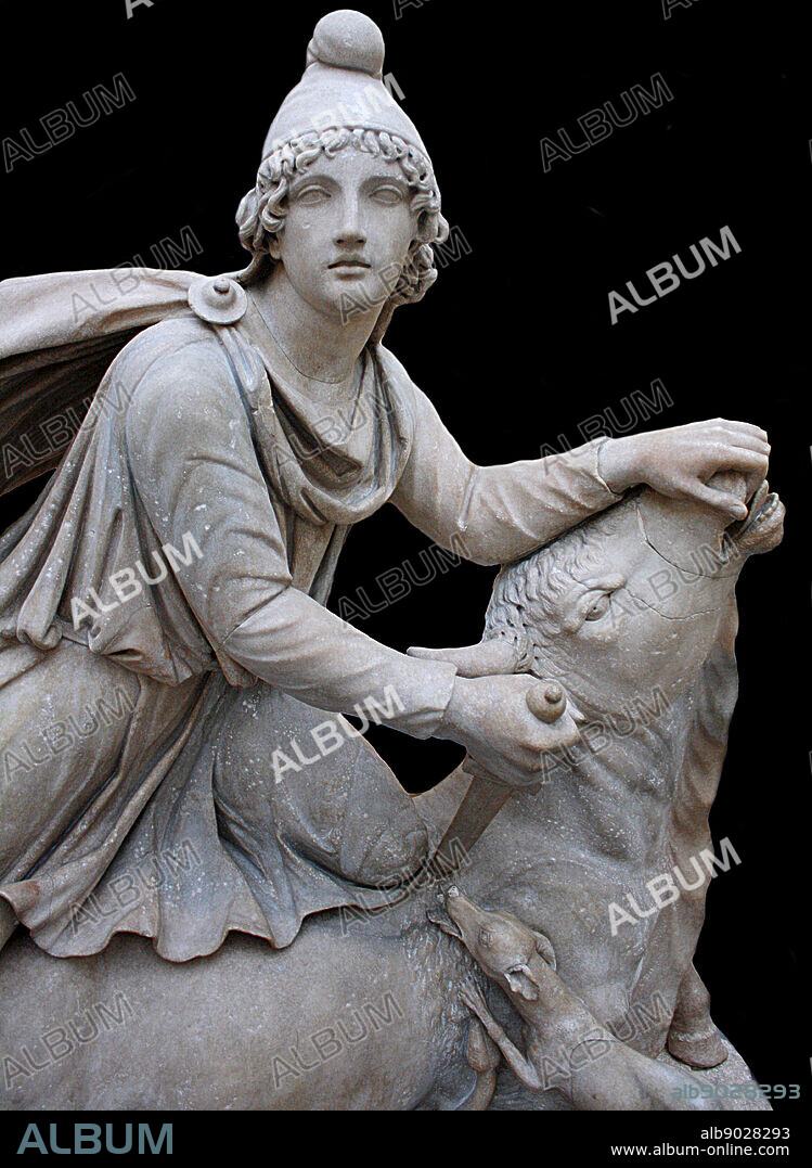 Marble statue group of Mithras slaying a bull. Roman 2nd century AD. Said to have been found in the emperor Hadrian's Villa, Tivoli, Italy. The cult of Mithras was on of many mystery religions adopted by the Romans as they conquered the diverse peoples of their great empire. The god wears Persian clothing, reflecting his eastern origins.