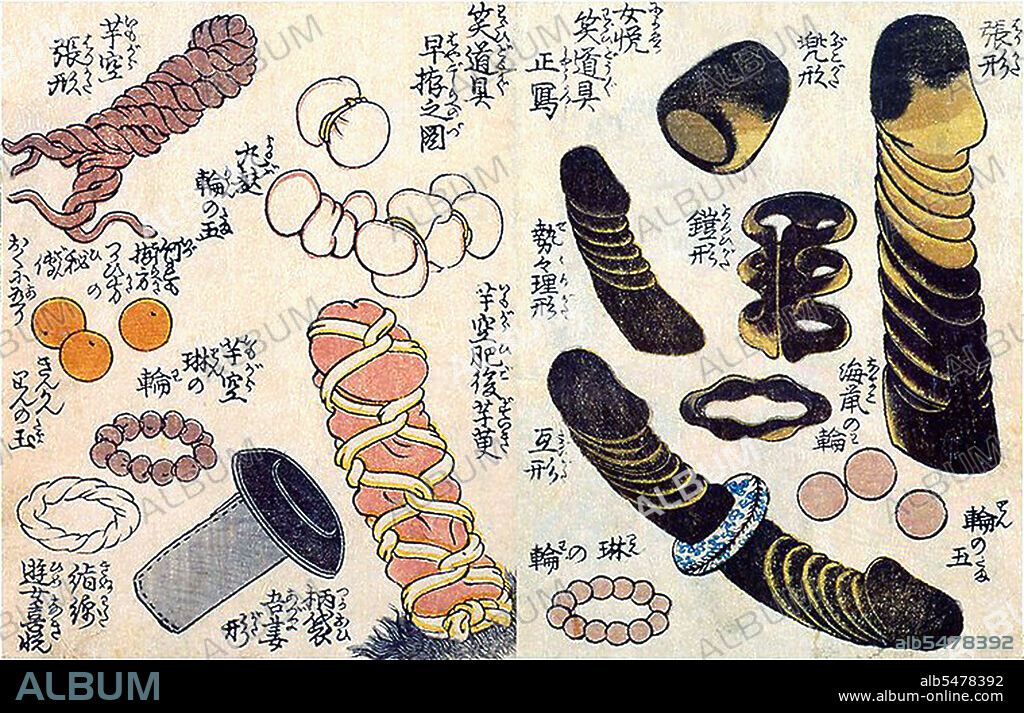 Erotic objects and sex toys in a late 19th century woodblock print