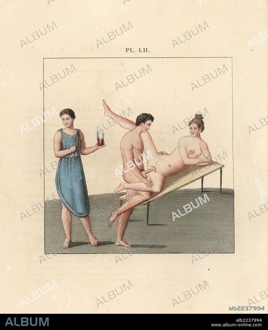 Fresco from Pompeii. Erotic scene showing a naked man and woman having sex  on a bed, attended by a cubicular slave bringing an aphrodisiac drink.  Handcoloured lithograph f - Album alb2237994