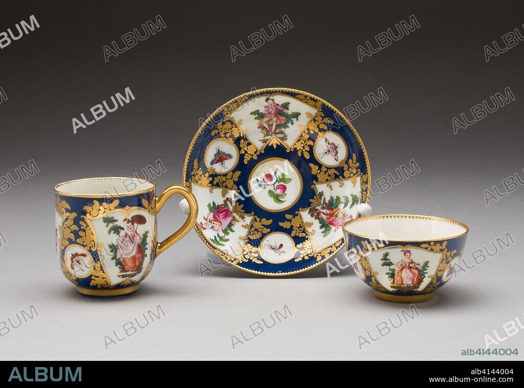 WORCESTER ROYAL PORCELAIN COMPANY. Tea Bowl, Coffee Cup, and Saucer. Worcester Porcelain Factory; Worcester, England, founded 1751. Date: 1760-1770. Dimensions: Tea bowl: diam. 4.2 cm (1 5/8 in.); Cup: H. 6.3 cm (2 1/2 in.); Saucer: diam. 11.6 cm (4 9/16 in.). Soft-paste porcelain with polychrome enamels and gilding. Origin: Worcester.