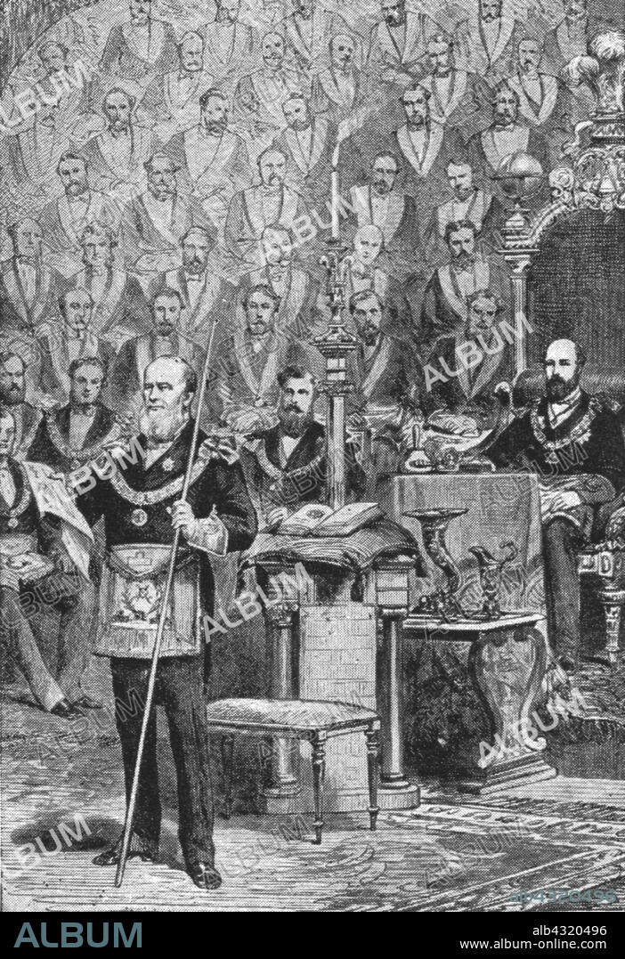 'The Prince of Wales' First Installation as Grand Master of the Freemasons, April 28, 1875', (1901). Prince Albert Edward (1841-1910 future King Edward VII, shown seated in the throne on the right), was Grand Master of the United Grand Lodge of England from 1874 until his accession to the throne in 1901. From "The Illustrated London News Record of the Glorious Reign of Queen Victoria 1837-1901: The Life and Accession of King Edward VII. and the Life of Queen Alexandra". [London, 1901].