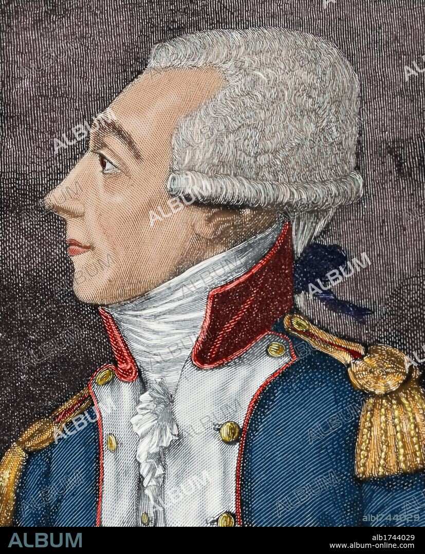 Marie-Joseph Paul Yves Roch Gilbert du Motier, Marquis de La Fayette (1757-1834), known as simply Lafayette. French aristocrat and military officer. Lafayette was a general in the American Revolutionary War and a leader of the Garde nationale during the French Revolution. Colored engraving. 19th century.