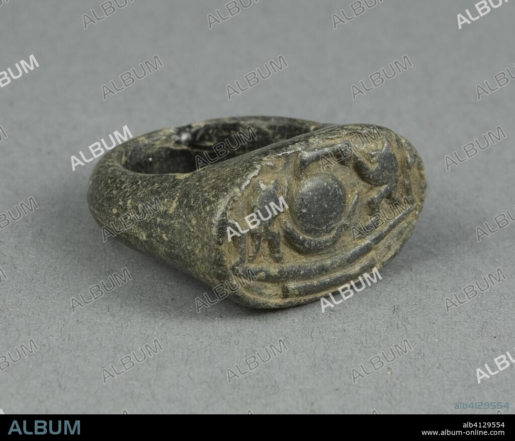 ANCIENT EGYPTIAN. Ring of Sun God Ra in his Bark Being Worshipped by Baboons. Egyptian. Date: 1550 BC-1186 BC. Dimensions: 2.5 × 2.5 × 1.6 cm (1 × 1 × 5/8 in. ). Steatite. Origin: Egypt.