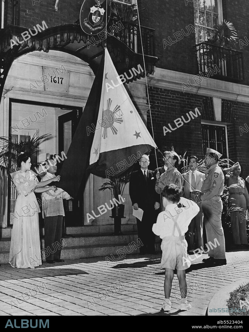 The flag of the Philippine Republic was raised over the nation's embassy in Washington, D.C. on July 1946. On that day, the people of the United States, calibrating 170 years of independence, voluntarily granted complete independence to the people of the 7,058 Philippine Islands. September 06, 1950. (Photo by United Press Information Service).