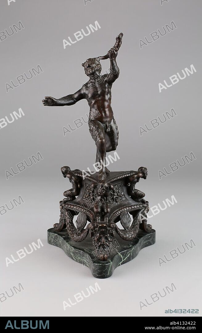 STYLE OF ANDREA RICCIO. Dancing Satyr on Triangular Socle. Andrea Riccio (Style of); Italian, 1470-1532. Date: 1520-1560. Dimensions: 9 15/16 x 6 1/16 x 3 5/16 in. (25.2 x 15.4 x 8.4 cm). Bronze, dark brown patina. Origin: Italian.