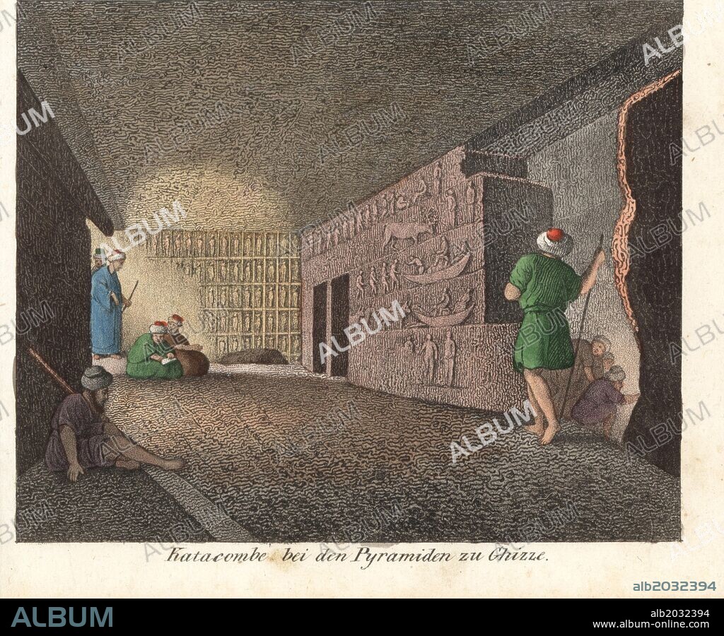 Catacombs in the pyramids of Giza, Egypt. Handcoloured lithograph from Friedrich Wilhelm Goedsche's "Vollstaendige Völkergallerie in getreuen Abbildungen" (Complete Gallery of Peoples in True Pictures), Meissen, circa 1835-1840. Goedsche (1785-1863) was a German writer, bookseller and publisher in Meissen. Many of the illustrations were adapted from Bertuch's "Bilderbuch fur Kinder" and others.