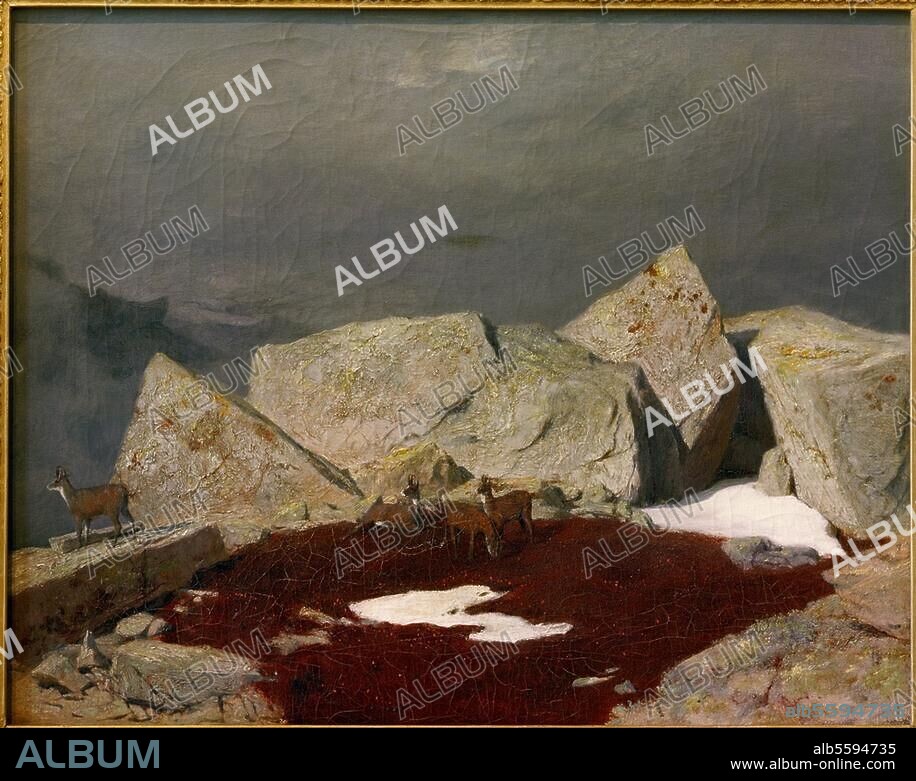 ARNOLD BOCKLIN. Böcklin, Arnold, 1827-1901, Swiss painter. "Hochgebirgslandschaft mit Gemsen" (Mountain landscape with chamois), c.1849/50. Oil on canvas, 33 × 41 cm. Basel, Kunstmuseum.