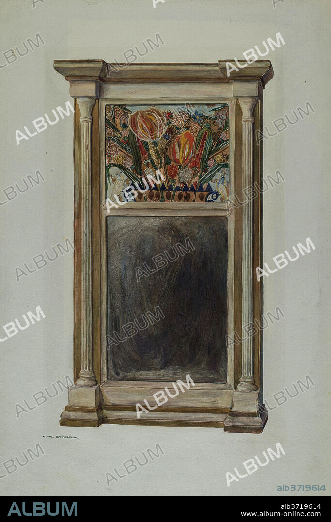 CARL STREHLAU. Looking Glass with Decorated Glass Panel. Dated: c. 1939. Dimensions: overall: 49.3 x 33.5 cm (19 7/16 x 13 3/16 in.)  Original IAD Object: 25"high; 13"wide. Medium: watercolor, colored pencil, and graphite on paper.