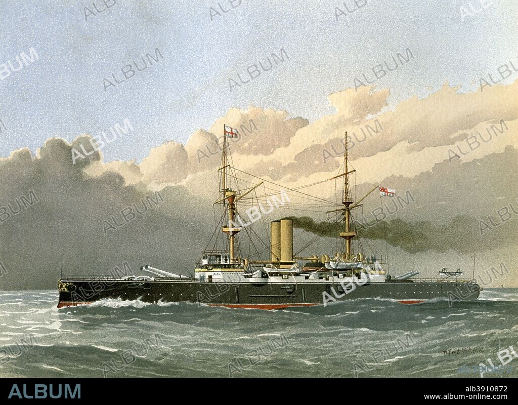 HMS 'Royal Sovereign', Royal Navy 1st class battleship, c1890-c1893. When she was launched in 1891, the battleship 'Royal Sovereign' was the largest warship afloat. Eight ships of the 'Royal Sovereign' class were built. A print from Her Majesty's Navy Including its Deeds and Battles, by Lieut Chas Rathbone Low, Volume III, JS Virtue & Co, London, 1890-1893.