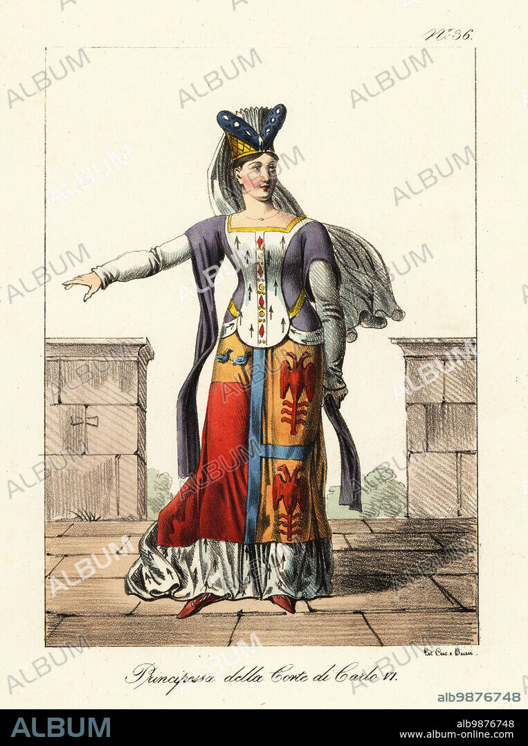 Costume of a French princess at the court of King Charles VI, late ...