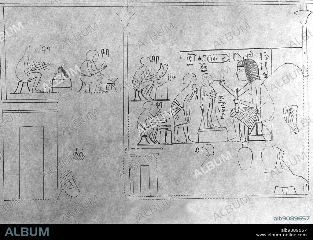 The workshop of Yuti, sculptor of Queen Tiye. The artist is finishing a statue of Princess Baketaten (Tomb of Huya). Tutankhamen by Christiane Desroches Noblecourt, page 154.