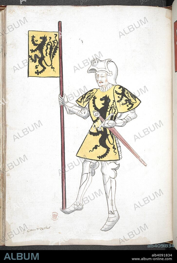 ROGER LEGH. Knight, in armour and tabard, holding a sword and a standard with banner and arms. Legh's Men of Arms (manuscript also known as Sir Thomas Holme's Book of Arms). Part 3 ff. 41-112. England, S. E. (probably London). Last quarter of the 15th century or 1st quarter of the 16th century. Numerous coloured drawings of knights in armour and tabard. Source: Harley 4205 f.83v. Language: French (names of the knights). Gothic cursive.