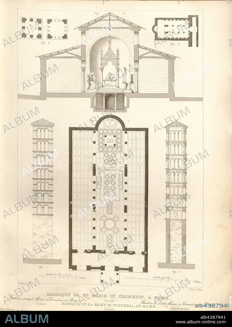 Basilica of St. Mary in Cosmedin, Rome. Details, Floor plan and cross section of the Basilica Santa Maria in Cosmedin in Rome, signed: Jourdan del. Bury sculps, Fig. 9, p. 37, Jourdan, Jean Marie (del.); Bury, Jean Baptiste Marie (del.), 1853, Jules Gailhabaud: Monuments anciens et modernes: collection formant une histoire de l'architecture des différents peuples à toutes les époques. Paris: Librairie de Firmin Didot frères, 1853.