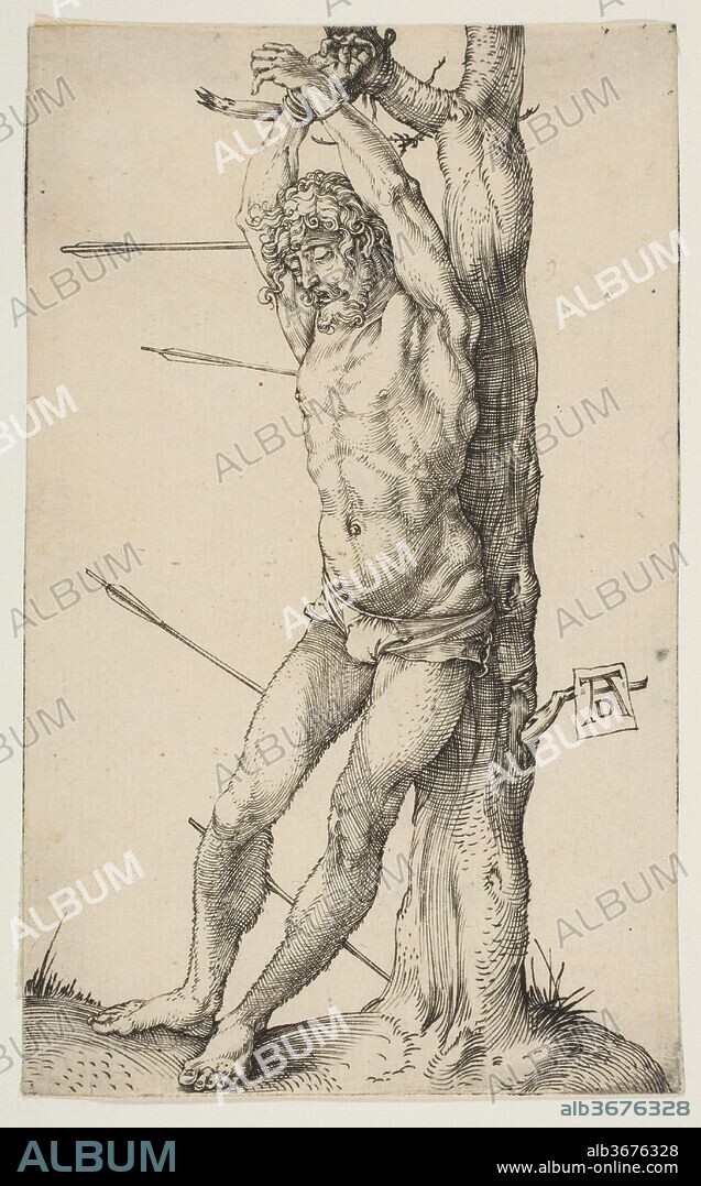 ALBRECHT DÜRER. Saint Sebastian Tied to a Tree. Artist: Albrecht Dürer (German, Nuremberg 1471-1528 Nuremberg). Dimensions: Sheet: 4 9/16 × 2 13/16 in. (11.6 × 7.1 cm). Date: ca. 1501.