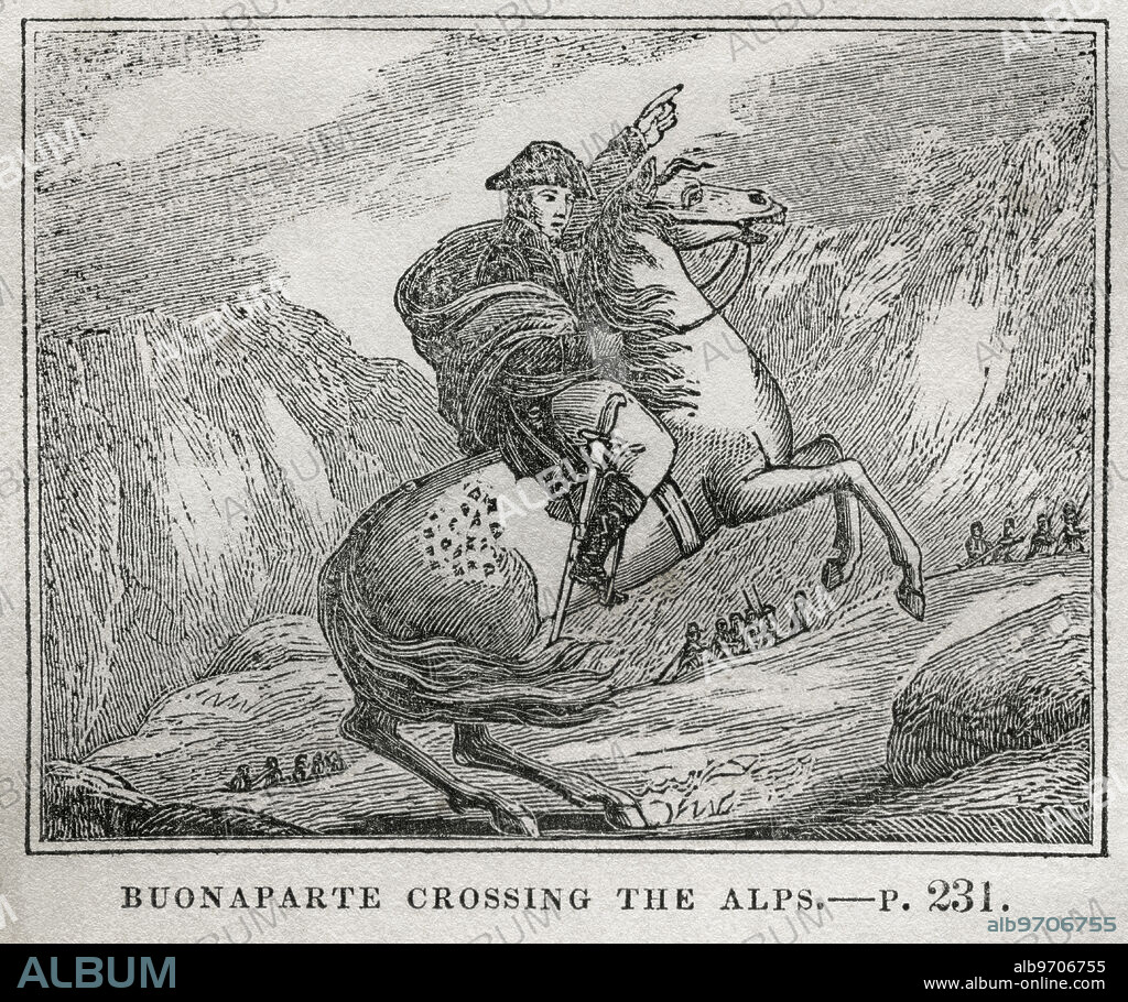 Buonaparte (Bonaparte) Crossing the Alps, Illustration from the Book, Historical Cabinet, L.H. Young Publisher, New Haven, 1834.