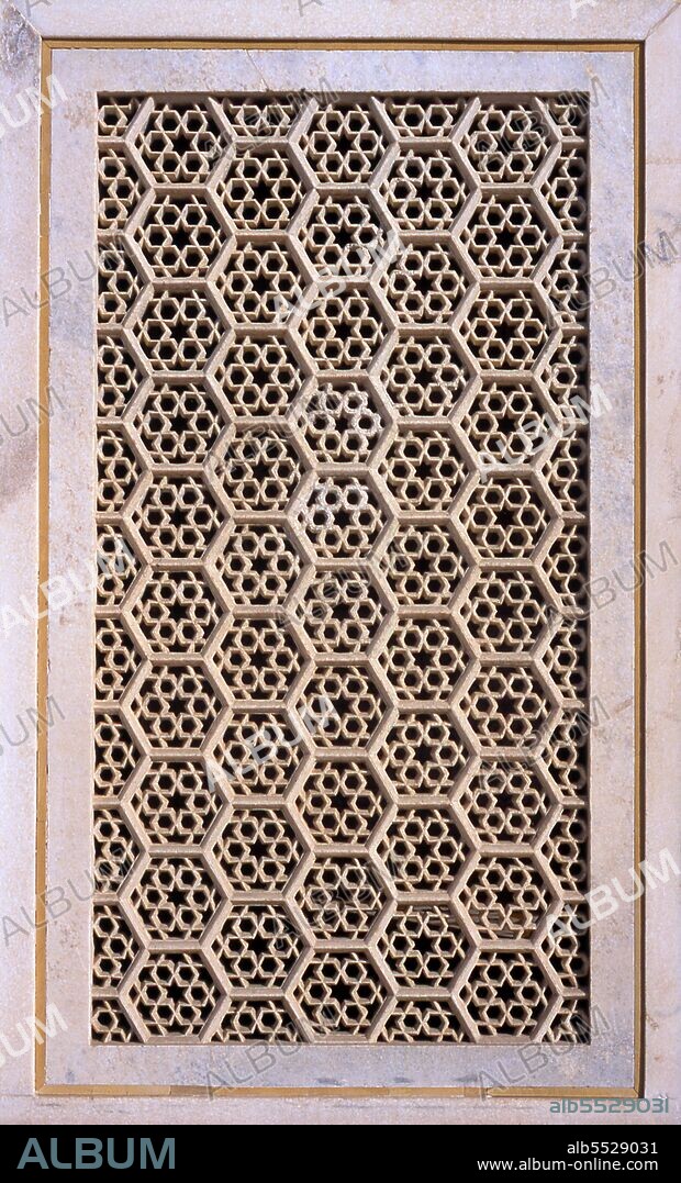 A jali (or jaali, Gujarati ????) is the term for a perforated stone or latticed screen, usually with an ornamental pattern constructed through the use of calligraphy and geometry. Early work was performed by carving into stone, while the later used by the Mughals employed the technique of inlay, using marble and semi-precious stones. Jali typically use Floral geometric patterns. Etimad-ud-Daula's Tomb (Urdu: ?????? ?????? ?? ??????, I'timad-ud-Daulah ka Maqbara) is a Mughal mausoleum in the city of Agra in the Indian state of Uttar Pradesh. Along with the main building, the structure consists of numerous outbuildings and gardens. The tomb, built between 1622 and 1628 represents a transition between the first phase of monumental Mughal architecture - primarily built from red sandstone with marble decorations, as in Humayun's Tomb in Delhi and Akbar's tomb in Sikandra - to its second phase, based on white marble and pietra dura inlay, most elegantly realized in the Taj Mahal. The mausoleum was commissioned by Nur Jahan, the wife of Mughal emperor Jahangir, for her father Mirza Ghiyas Beg, originally a Persian Amir in exile, who had been given the title of I'timad-ud-Daulah (Pillar of the State). Mirza Ghiyas Beg was also the grandfather of Mumtaz Mahal (originally named Arjumand Bano, daughter of Asaf Khan), the wife of the emperor Shah Jahan, responsible for the construction of the Taj Mahal.