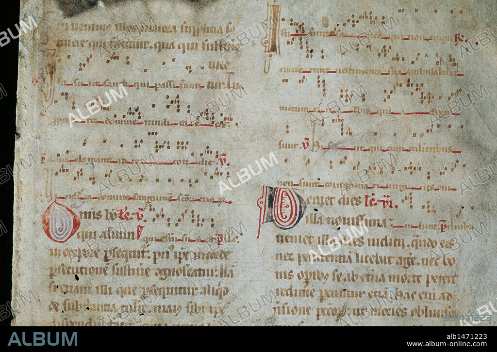 HISTORIA DE LA MUSICA. CANTO A CAPELLA. CANTO GREGORIANO. Pergamino catalán con anotación de CANTO GREGORIANO, del siglo XIII. Biblioteca de Catalunya. Barcelona.