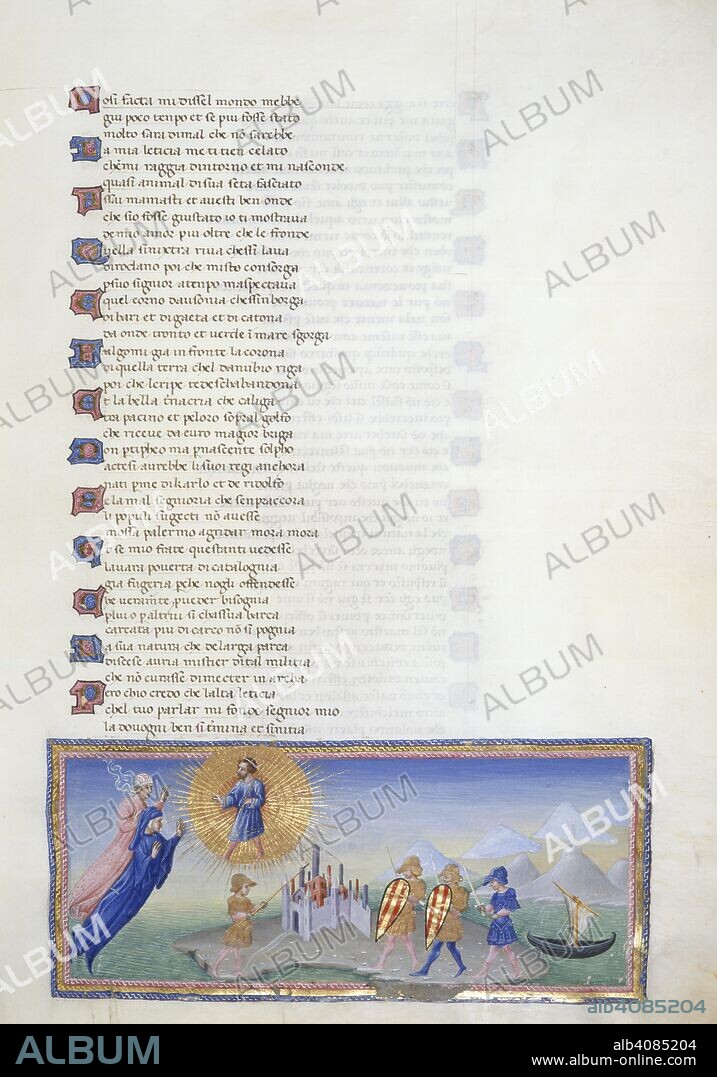 DANTE ALIGHIERI. Paradiso, Canto VIII. Miniature shows Dante and Beatrice hovering before Charles Martel within the Heaven of Venus. Charles Martel tells Dante that his descendants would still be ruling Sicily if it had not been for the rebellion known as the Sicilian Vespers. Aeneas before a city in Sicily, three warriors approaching, with shields bearing the Aragonese arms; a ship. Divine Comedy. Italy [Tuscany]; circa 1450. Source: Yates Thompson 36, f.143. Language: Italian.