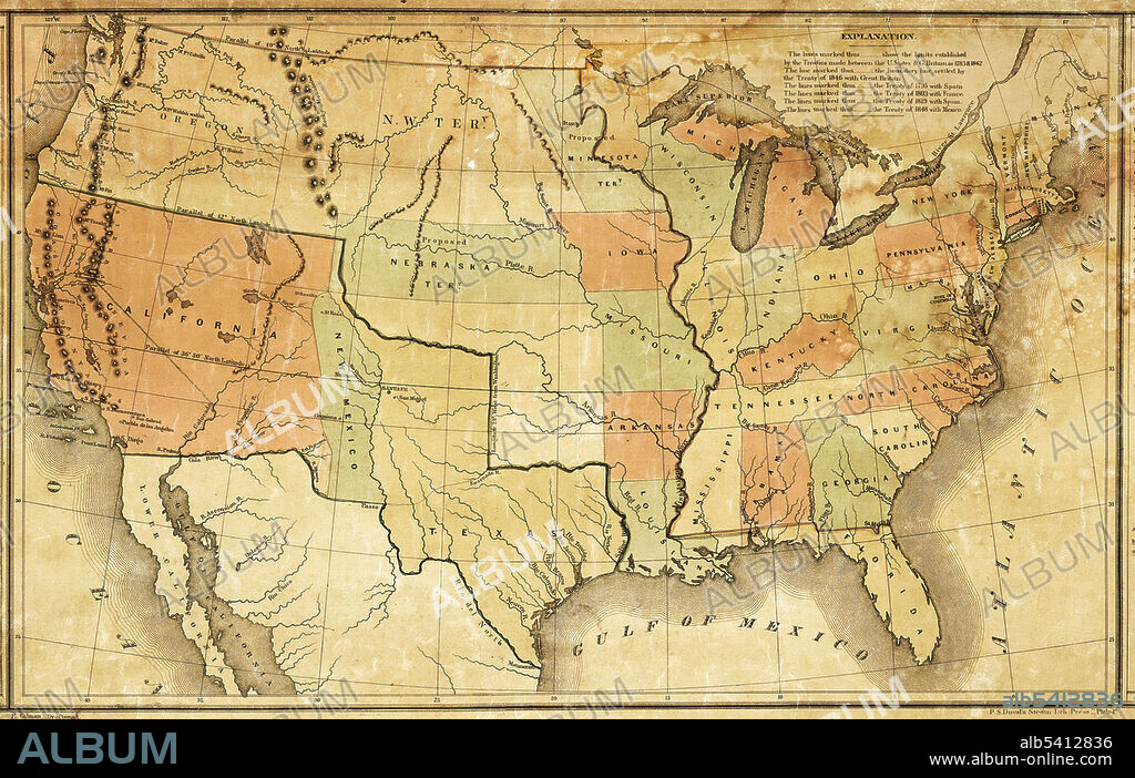 This map was presented during US President James K. Polk's annual message to Congress in December 1848. It shows Polk's vision of how to divide up the new territory acquired through the Treaty of Guadalupe-Hidalgo, at the end of the Mexican-American War. Mexico ceded 55 percent of its territory, including parts of present-day Arizona, California, New Mexico, Texas, Colorado, Nevada, and Utah, to the United States.