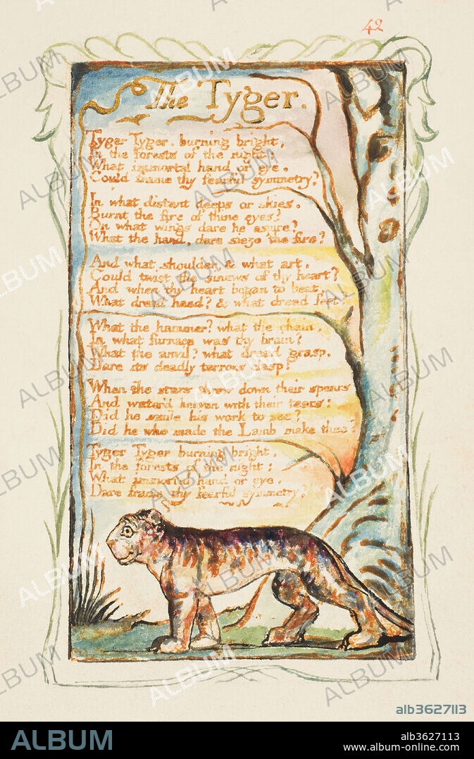 Songs of Innocence and of Experience: The Tyger. Artist: William Blake (British, London 1757-1827 London). Dimensions: sheet: 6 3/16 x 5 9/16 in. (15.7 x 14.1 cm). Date: ca. 1825.
One of Blake's best-known verses, "The Tyger," comes from the Songs of Innocence and of Experience. Blake originally produced this small, richly illustrated collection of short lyric verses as two separate books, in 1789 and 1794, then combined them into a single volume in the latter year. Although its small, colorful format recalls a children's book, its message is sophisticated and complex. Innocence and Experience contrast human existence, before and after the Fall. The pastoral poems in Innocence express religious faith and acceptance, and exhibit fine detail and flowing lines; the bardic verses in Experience, by contrast, convey disillusionment and anger, and employ bolder outlines. Published during the height of the Terror, the French Revolution left its mark on the second book.
Blake produced only twenty-four copies of the combined volume; this page comes from one of the last, prepared about 1825 for the painter and printmaker Edward Calvert (1799-1883). Its deep, saturated hues and distinctive ornamental borders (found on only one other copy) contrast with the lighter, paler colors of editions printed three decades earlier. The book remained in the Calvert family until the late nineteenth century; in 1917, it became the first work purchased for the Metropolitan Museum's new Department of Prints by its distinguished first curator, William M. Ivins, Jr.